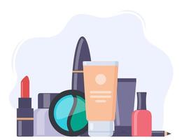 Decorative cosmetics, beautiful composition. Everything for make up. Eye shadow, mascara, nail Polish, foundation, brush, lipstick, cream cosmetic pencil. Vector illustration.