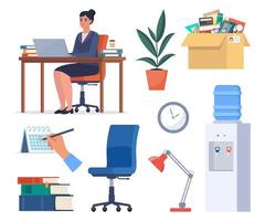 Set of office interior elements and accessories. Office furniture, folders with documents, desk lamp, cooler, books, calendar, plants. vector