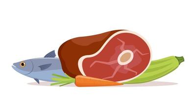 verduras, carne, pescado. carne cruda roja fresca, zanahorias, calabacín. productos saludables alimentos orgánicos de la granja. ilustración plana vectorial.