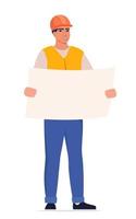 Man engineer. Construction Worker in uniform and orange protective helmet, holding drawing in his hands. Head of construction works. Vector illustration.