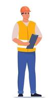 Man engineer. Construction Worker in uniform and orange protective helmet, holding clipboard with checklist. Head of construction works. Vector illustration.