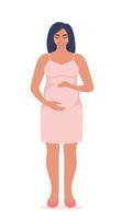 Happy young pregnant woman with big belly. Beautiful pregnant woman character. Girl expecting a baby. Maternity concept. Vector Illustration.