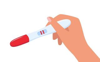 Pregnancy test with two lines in woman's hand. Positive pregnancy test result. Planning a baby, motherhood, healthcare. Vector illustration.