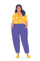 Body positive woman. Plus size female character. Attractive curvy, overweight girl. Oversize obesity, pretty large lady in beautiful fashionable clothes. Vector illustration.