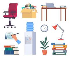 Set of office interior elements and accessories. Office furniture, folders with documents, desk lamp, cooler, books, calendar, plants. vector