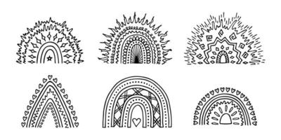 conjunto de arco iris dibujado a mano. imágenes prediseñadas de formas abstractas del arco iris. elementos de fideos para tarjeta, impresión, diseño vector