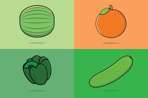 colección de ilustraciones vectoriales de frutas y verduras. concepto de icono de objetos de comida y bebida. naranja, melón de agua, pepino verde y diseño vectorial de pimiento verde. icono de frutas y verduras orgánicas. vector