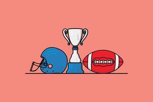 Helmet, Rugby Ball, and White Trophy vector illustration. Sport objects icon concept. Sport logo icons. Football mascot. American football tournament set icons vector design on pink background.