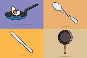 Set of home kitchen tools vector illustration. Home and Cafe interior equipment icon concept. Collection of Spoon, Knife, Fry Pan and Egg in Plate vector illustration. Breakfast food logo design.