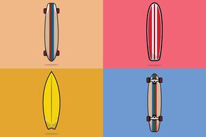 Set of Surfing Board and Skateboard vector illustration. Summer beach and Sport object icon concept. Front and back view of surfing board and skateboard vector design. Sea and road traveling elements.