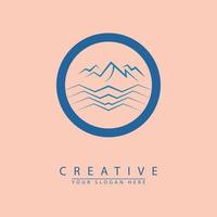 Ocean Waves Logo Design Template with blue color mountains in a circle. vector