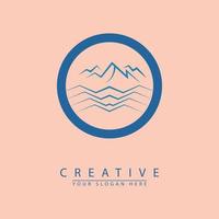 Ocean Waves Logo Design Template with blue color mountains in a circle. vector