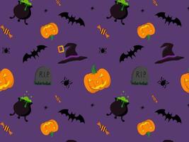 Halloween pattern, with pumpkin, tombstone, bat, spider, candy, cauldron and witch hat vector