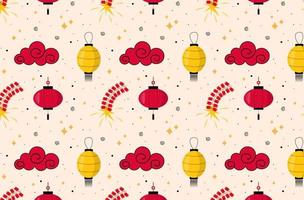 Chinese New Year. Pattern with Chinese lanterns, fireworks and clouds vector