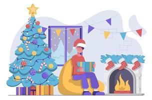 A man opens Christmas present by the fireplace and the Christmas tree vector