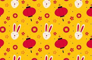 Chinese New Year. Pattern with a rabbit, Chinese lanterns, coins and flowers vector