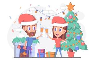 hombre y mujer beben champán junto a la chimenea y el árbol de navidad y celebran el año nuevo y la navidad vector