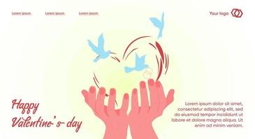 Valentine's Day. Lending. Hands holding a heart with doves carrying rings in their beaks vector