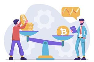 Cryptocurrency exchange. Bitcoin and the dollar on the scales vector