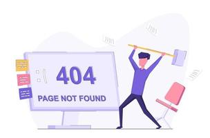 error 404. página no encontrada. un hombre con un martillo intenta romper una pantalla vector