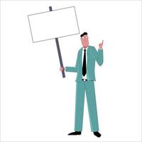 A businessman in a business suit is pointing with his finger and holding a blank sign or broadsheet above his head. Template for inscriptions. Flat vector illustration.