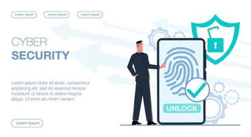 A businessman unlocks his smartphone via a fingerprint scanner, which provides cyber security. The background shows gears and an open lock. Flat vector illustration.