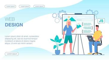 el equipo hace diseño web. una mujer muestra una foto para el sitio web. un hombre trabaja en una computadora portátil. ilustración vectorial plana. vector