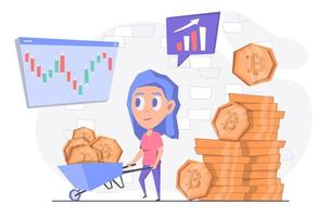 Cryptocurrency mining. A woman pulls a cart with cryptocurrency. vector