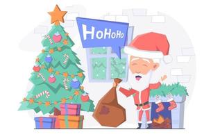 Santa Claus brought a bag of presents, he is standing near the fireplace and the Christmas tree