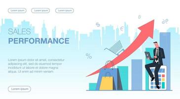 A businessman sits on a calculator and holds a laptop. In the background is a graph with an arrow and a cart showing sales growth. Flat vector illustration.