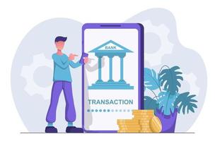 A man uses mobile banking on his smartphone. Financial transaction in progress vector