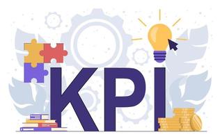 Key performance indicators. KPI lettering with light bulb, books, puzzles and gears vector