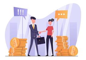 Businessmen make a business deal. A businessman in a suit with a briefcase shakes hands with a businesswoman. In the background are stacks of gold coins. Flat vector illustration.