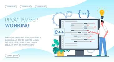 Programmer working. The programmer works on the computer. A man is standing next to a monitor showing windows with program code. Flat vector illustration.