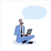 A businessman in a business suit with a laptop is sitting and thinking, he has a blank dialog box or bubble above his head. Template for inscriptions. Flat vector illustration.