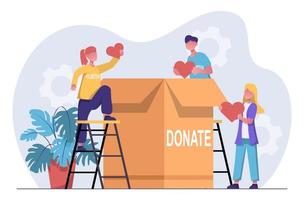 trabajar como voluntario. una organización de voluntarios recoge ayuda humanitaria. los voluntarios ponen corazones en una caja. vector