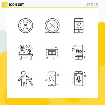 Pictogram Set of 9 Simple Outlines of hammer auction exit microphone smartphone Editable Vector Design Elements