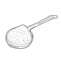 Wooden spoon with food - sketch flour, rice, sea salt, spirulina, spice, potato, oat, sugar, porridge. Doodle hand drawn vector illustration, vintage drawing, isolated white background