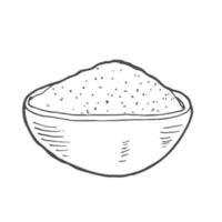 Wooden bowl with food - sketch flour, rice, sea salt, spirulina, spice, potato, oat, sugar, porridge, strach, curry. Doodle hand drawn vector illustration, vintage drawing isolated on white background