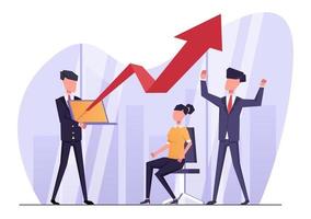 Businessmen rejoice in business growth. A businessman is holding a laptop from which a red arrow is growing, his colleagues are standing next to him. Flat vector illustration.