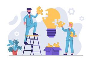 Businessmen assemble a light bulb from puzzles, which symbolizes the creation of a new business idea. A man stands on a stepladder and holds a piece of a puzzle in his hand vector