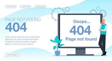 A 404 not found error. A man stands next to a monitor that shows a 404 error. Flat vector illustration.