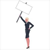 A businesswoman in a business suit holding a blank sign or broadsheet above her head. Template for inscriptions. Flat vector illustration.