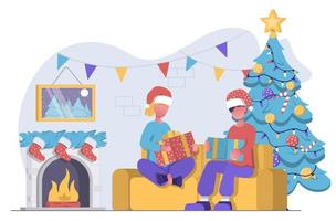 un hombre y una mujer se sientan en el sofá junto a la chimenea y el árbol de navidad y abren los regalos de navidad vector