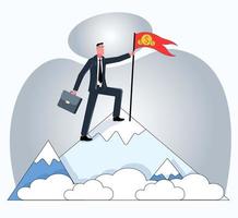 A business man stands on top of a mountain and holds a flag with coins, which symbolizes the business growth flat vector illustration