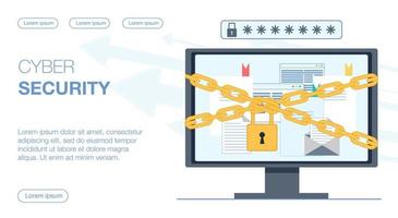 The computer with the documents is chained with a lock that provides cyber security. Above the monitor there is a field for entering the password. Flat vector illustration.