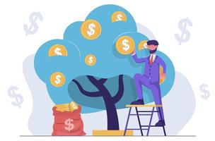 ahorro de dinero un hombre de negocios recoge dinero de un árbol de dinero. vector