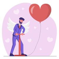amar. un hombre con alas infla un globo en forma de corazón. un angel cupido vector