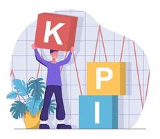 KPI. A man stacks the cubes of key performance indicators vector