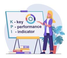 Key performance indicators. The girl speaker explains the meaning of the word KPI on the board vector